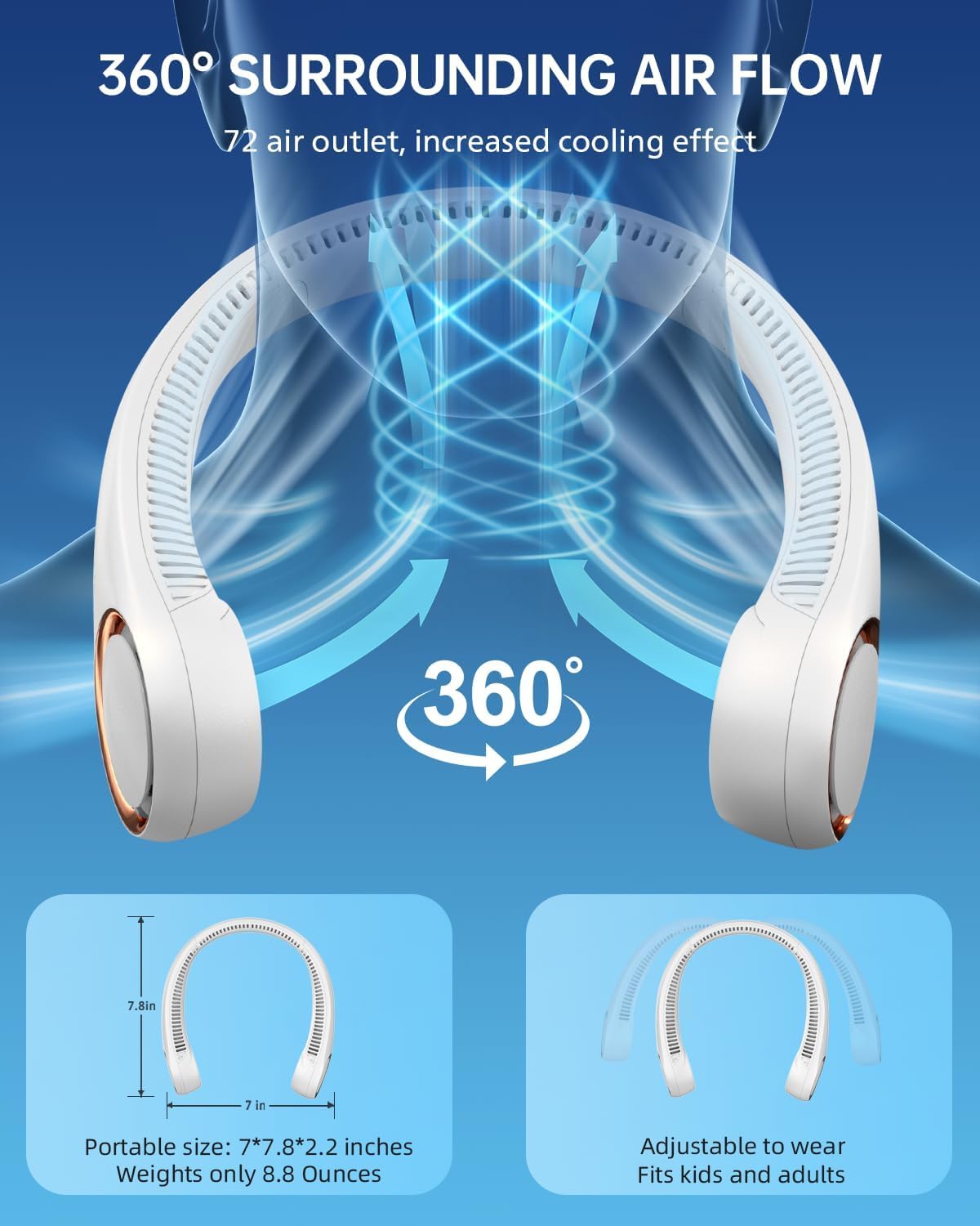 USB Charging Battery Operated Portable Rechargeable Neck Fan | Bladeless Neck Cooling Fan with Strong Airflow, Wearable Cooling Fan