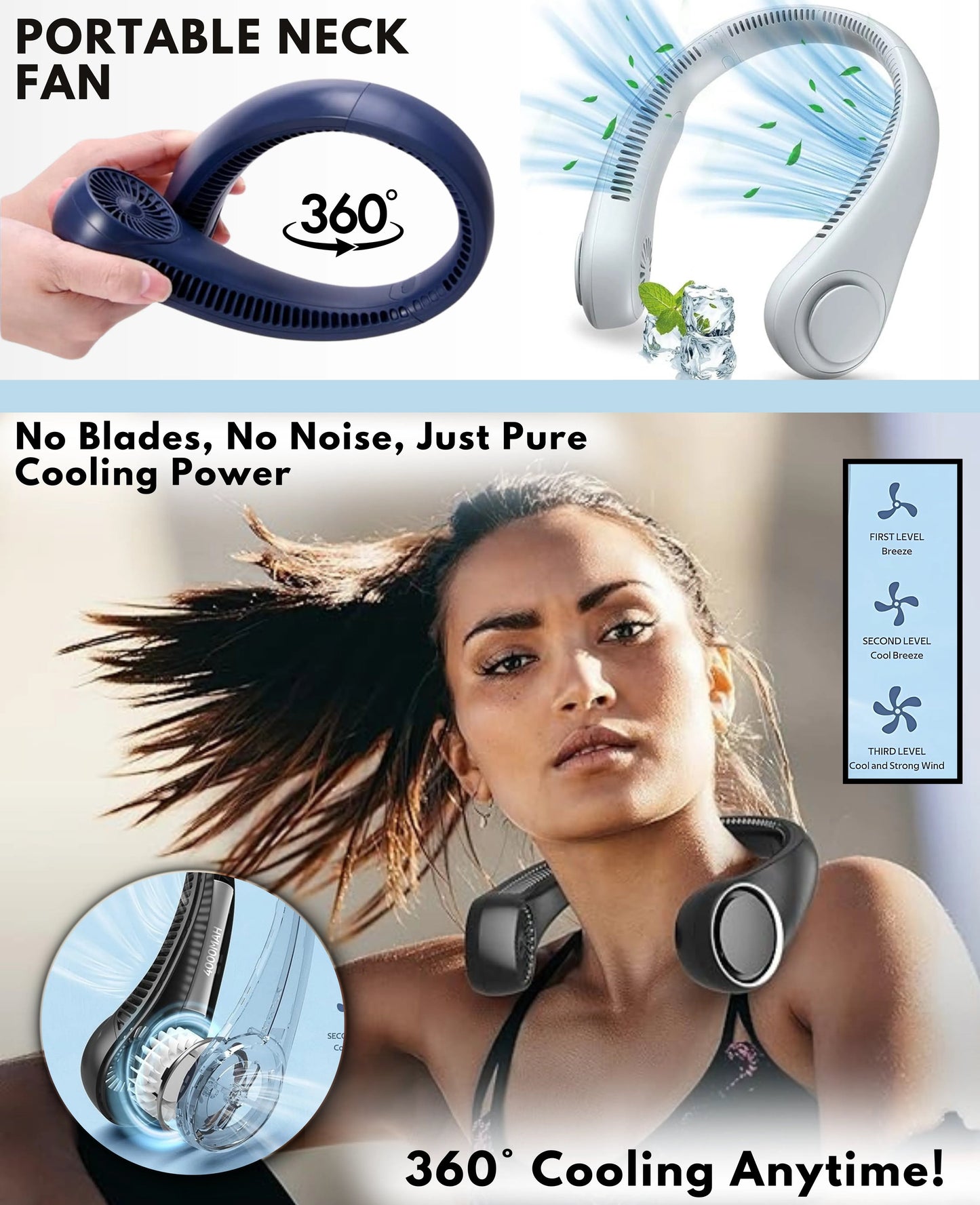 USB Charging Battery Operated Portable Rechargeable Neck Fan | Bladeless Neck Cooling Fan with Strong Airflow, Wearable Cooling Fan